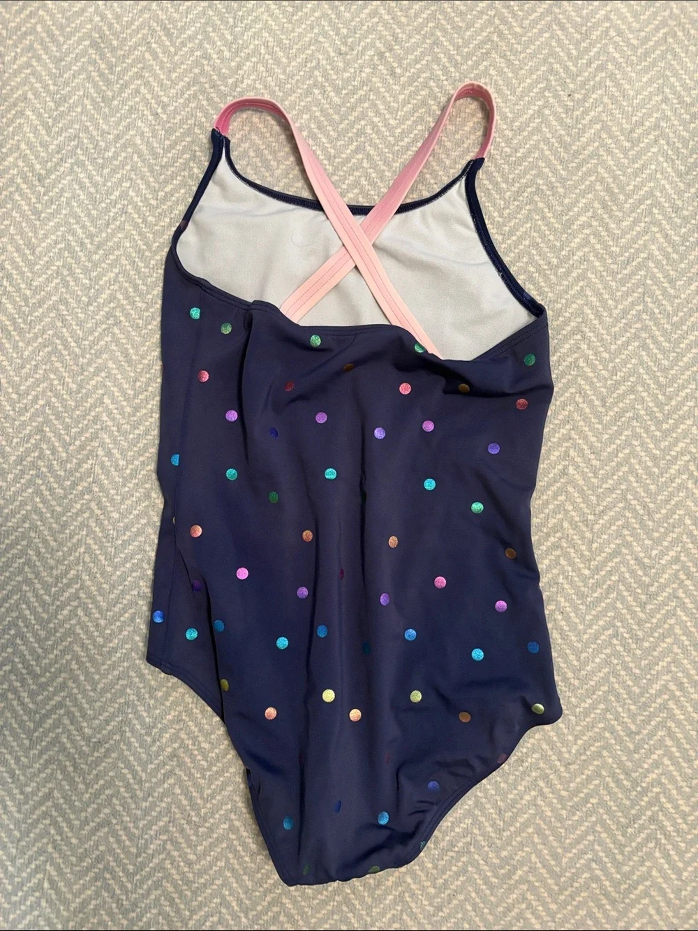 Mini Boden Navy One-Piece Swimsuit with Pink Straps and Multicolor Dots